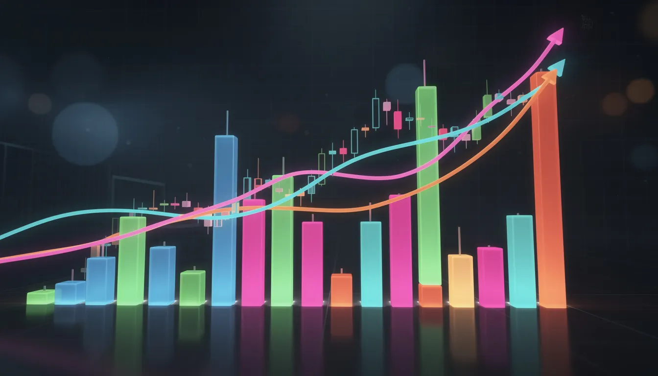 Abstract financial chart displaying colorful bar graphs and trend lines