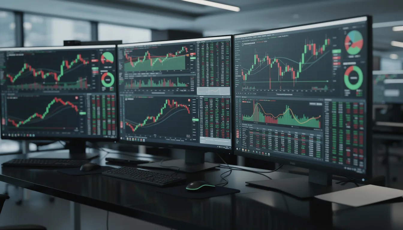 Multiple computer monitors in a trading environment displaying financial charts and data