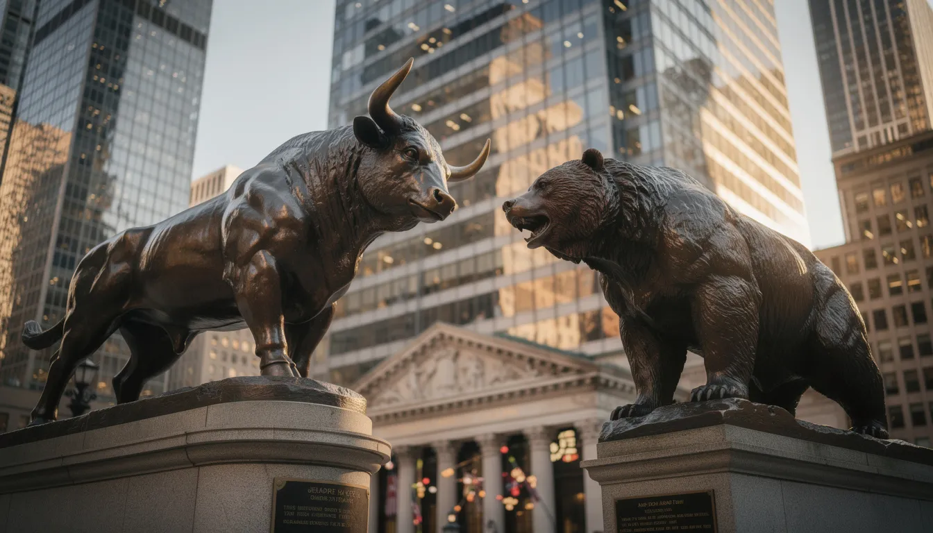 Bull and bear statue facing each other symbolizing market dynamics